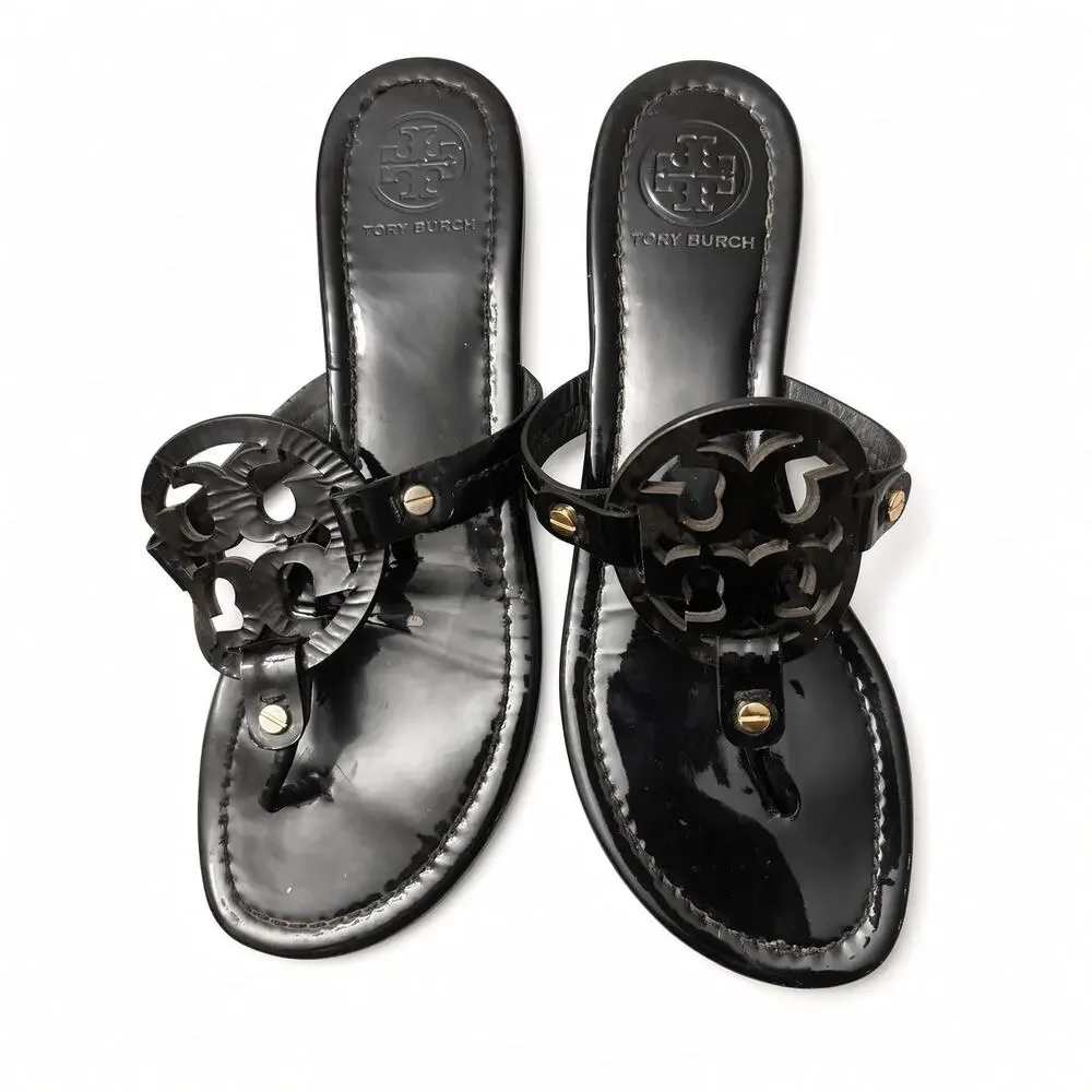 Tory Burch Miller Sandals Black Patent Leather Size 8.5